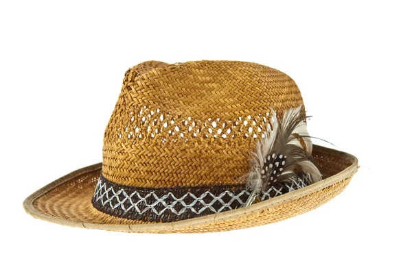 Beautiful traditional Panama hat with feather decorated isolated — Stock Photo, Image
