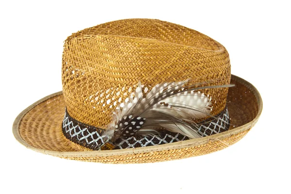 Beautiful traditional Panama hat with feather decorated isolated — Stock Photo, Image