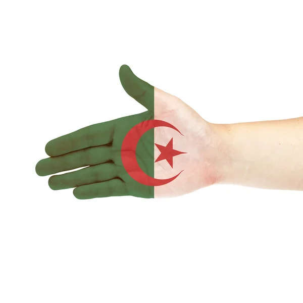 Algeria flag on hand isolated on white background — Stock Photo, Image