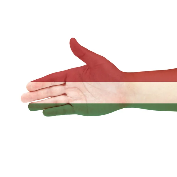 Hungary flag on hand isolated on white background — Stock Photo, Image