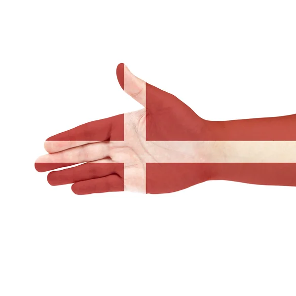 Denemarken vlag op hand geïsoleerd op witte achtergrond — Stockfoto