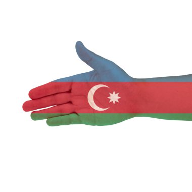 Beyaz arka plan üzerinde izole el Azerbaycan bayrağı