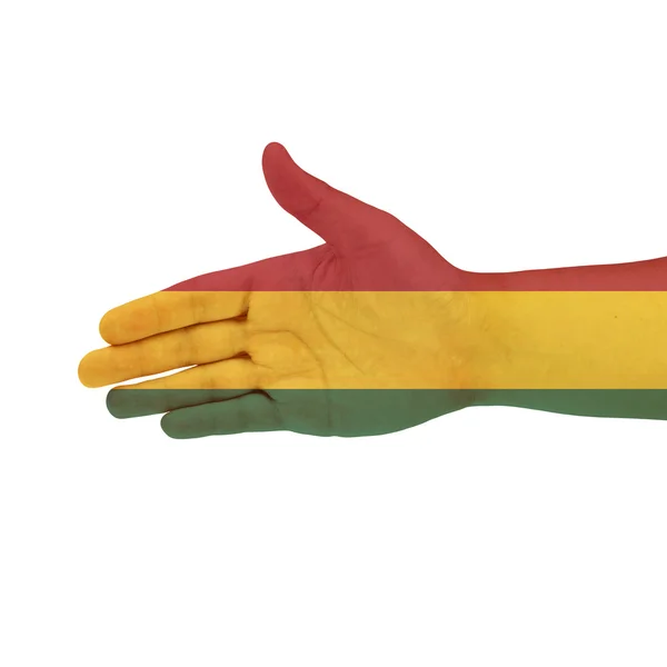 Bolivien Flagge auf der Hand isoliert auf weißem Hintergrund — Stockfoto