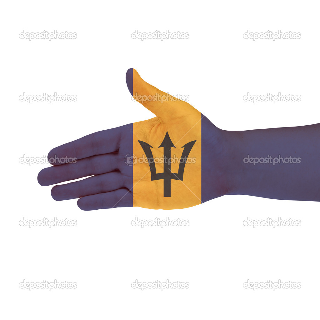 Barbados flag on hand isolated on white background