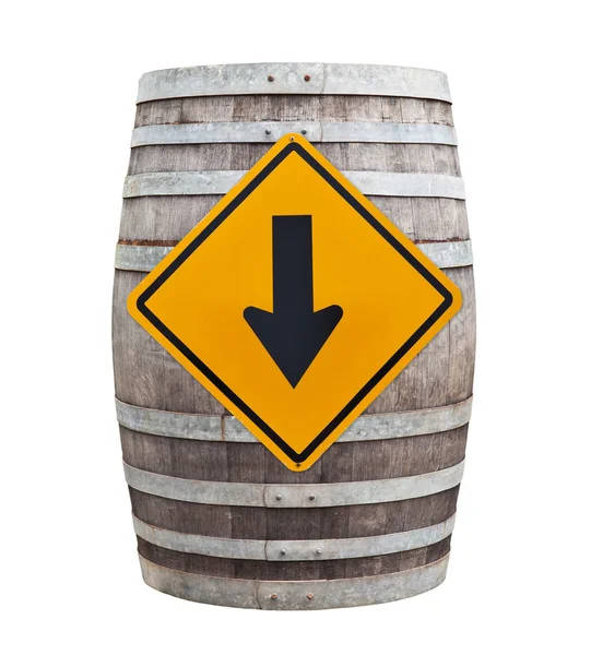 Big old wine barrel with traffic sign isolated on white backgrou — Stock Photo, Image
