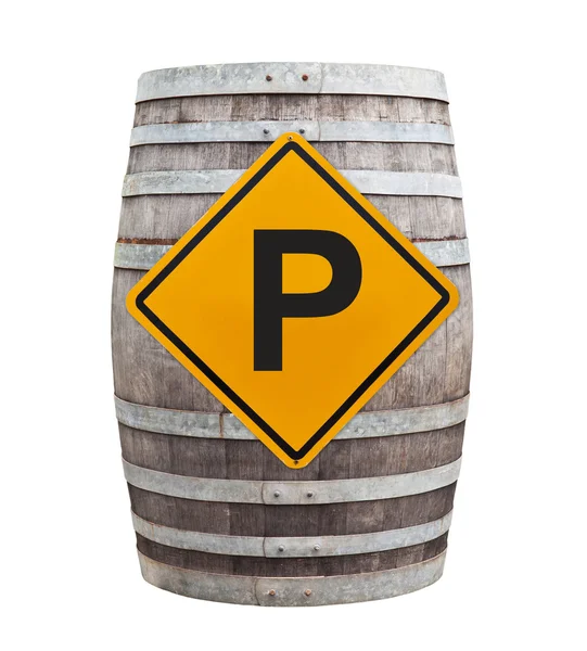 Big old wine barrel with traffic sign isolated on white backgrou — Stock Photo, Image