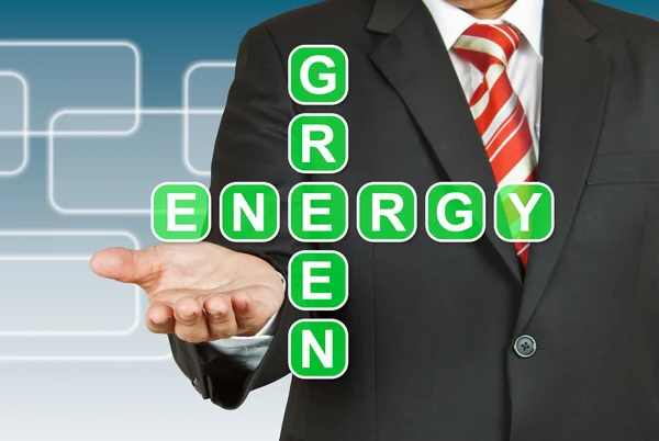 Unternehmer Hand in Hand mit grüner Energie — Stockfoto