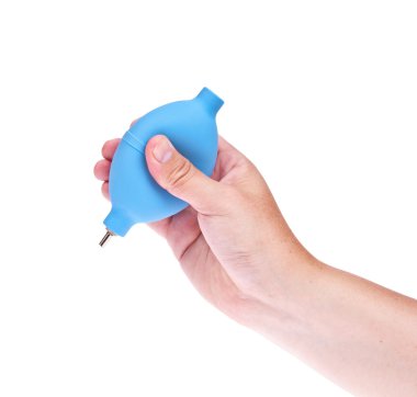 Beyaz adam izole kauçuk toz blower