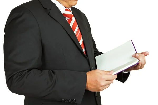 Empresario con un libro en blanco aislado sobre fondo blanco — Foto de Stock