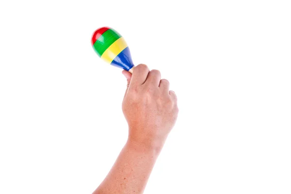 Colorful wooden maracas with hand isolated on white background — Stock Photo, Image