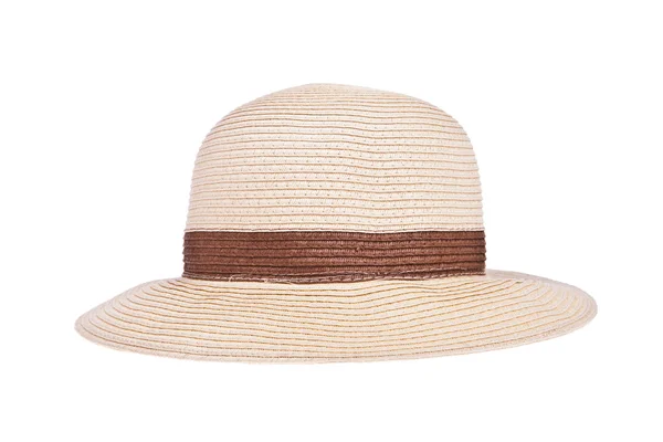 Бурая соломенная шляпа с лентой на белом фоне — стоковое фото