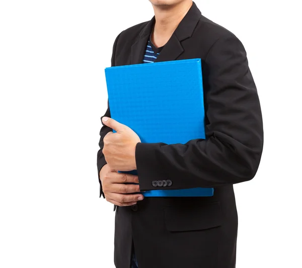 Empresario con archivo azul aislado sobre fondo blanco — Foto de Stock