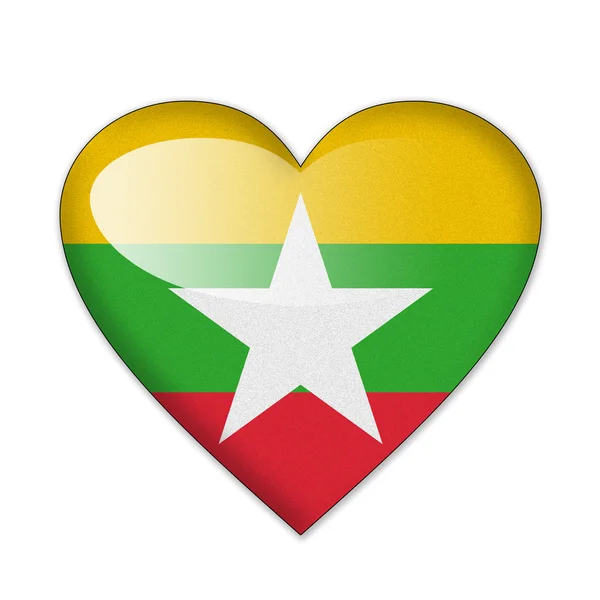 缅甸国旗在白色背景旗帜上孤立的心形状中 — 图库照片