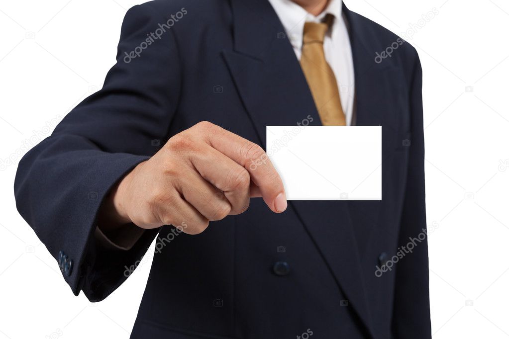 Businessman show a blank businesscard isolated on white backgrou