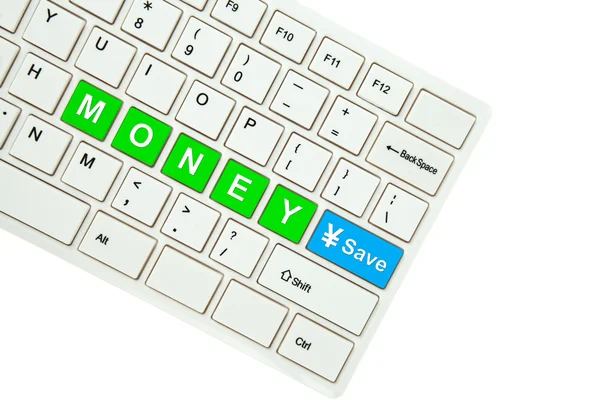 Wording Money Заощаджуйте на клавіатурі комп'ютера ізольовано на білому фоні — стокове фото