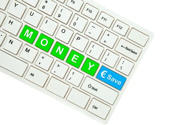 Wording Geld sparen auf Computertastatur isoliert auf weißem Backgr — Stockfoto
