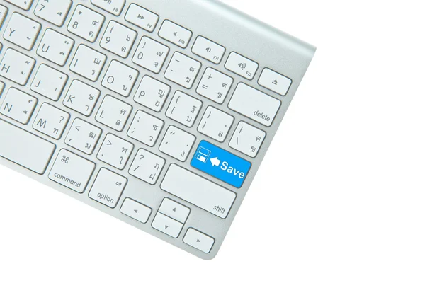 Blå Spara-knappen på datorns tangentbord isolerad på vit ba — Stockfoto