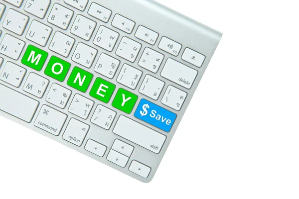钱和在电脑键盘上白色 bac 孤立保存按钮 — 图库照片
