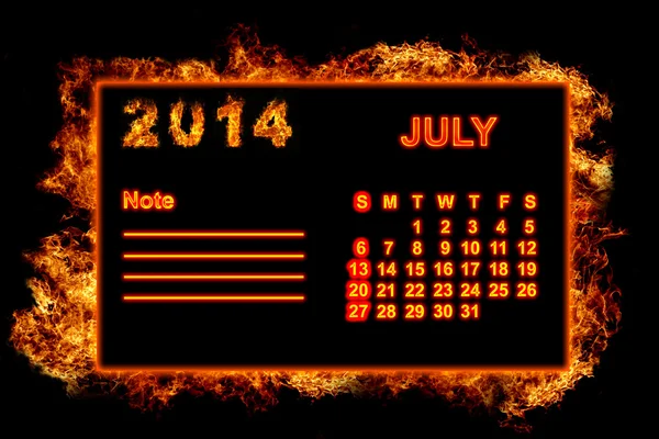 Fire Calendar July 2014 — Stock Photo, Image