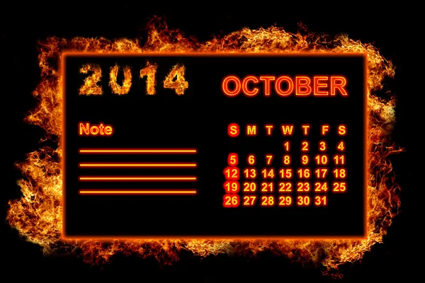 Calendário de incêndio Outubro 2014 — Fotografia de Stock