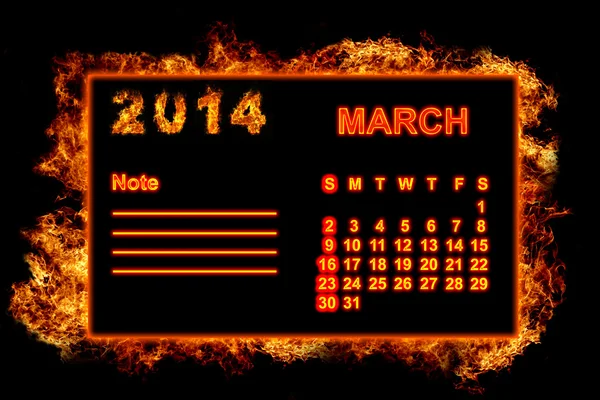 Calendário de incêndio Março 2014 — Fotografia de Stock