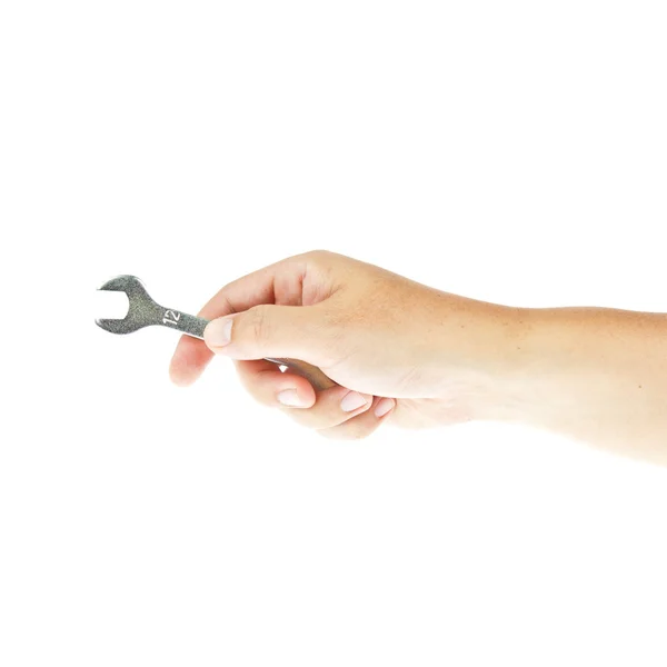 Wrench with hand isolated on white background — Stock Photo, Image