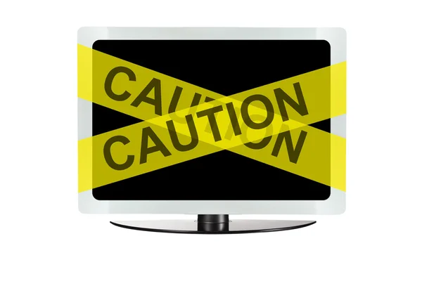 Computer with yellow caution tape — Stock Photo, Image