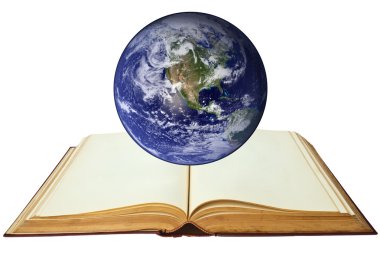 Beyaz arka plan üzerinde izole earth ile eski kitap açıldı