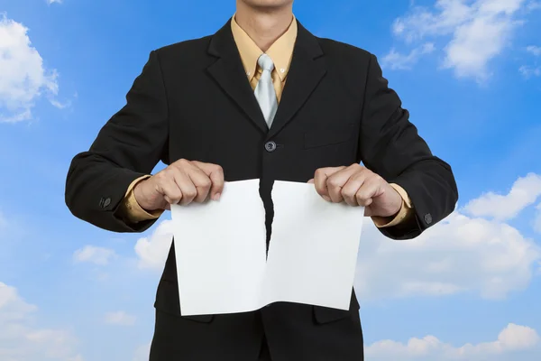Businessman tear blank paper — Stock Photo, Image