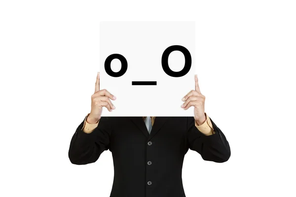 Affärsman hålla styrelsen med förvirra ansikte uttryckssymbol — Stockfoto
