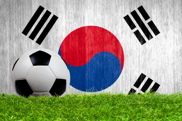 Pelota de fútbol sobre hierba con fondo de bandera de Corea del Sur —  Fotos de Stock