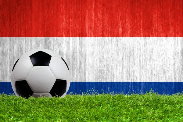 Voetbal op gras met Nederland vlag achtergrond — Stockfoto