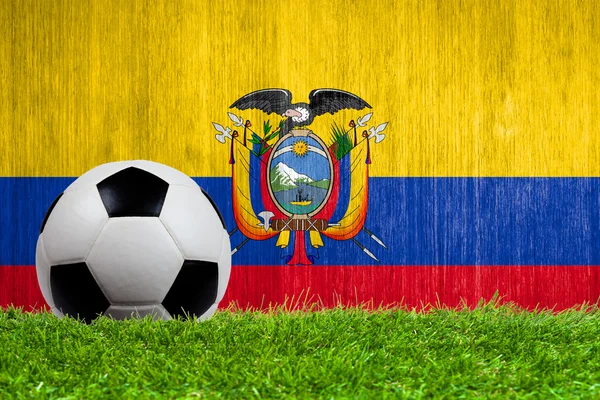 Balón de fútbol sobre hierba con fondo de bandera de Ecuador — Foto de Stock