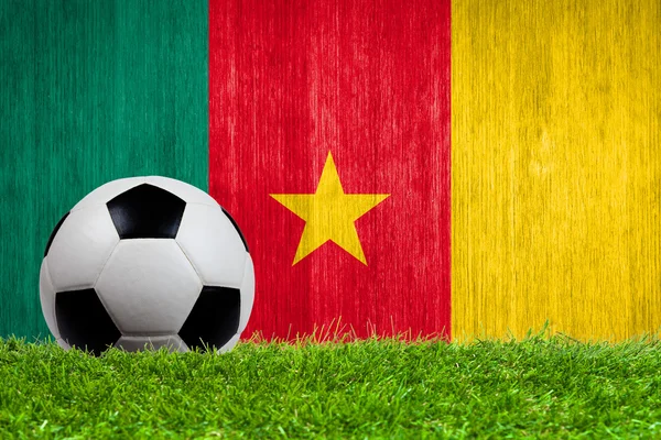 Ballon de football sur herbe avec fond drapeau camerounais — Photo