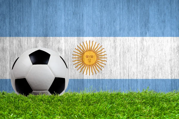Balón de fútbol sobre hierba con fondo de bandera argentina — Foto de Stock
