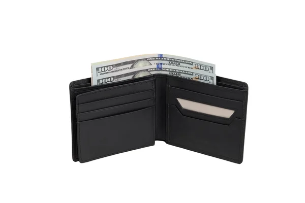Черный кошелек с деньгами — стоковое фото