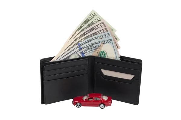 Toy car with money in black purse — Stock Photo, Image