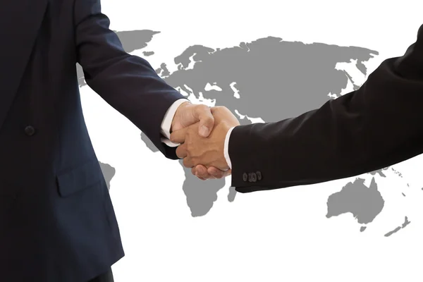 Handshake empresário com mapa do mundo isolado em backgroun branco — Fotografia de Stock