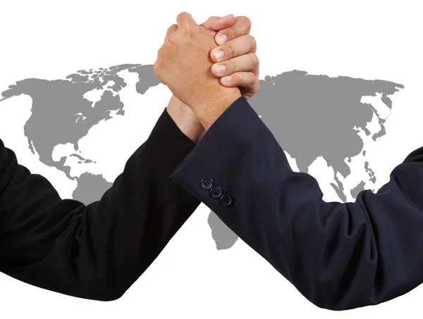 Handshake empresário com mapa do mundo isolado em backgroun branco — Fotografia de Stock