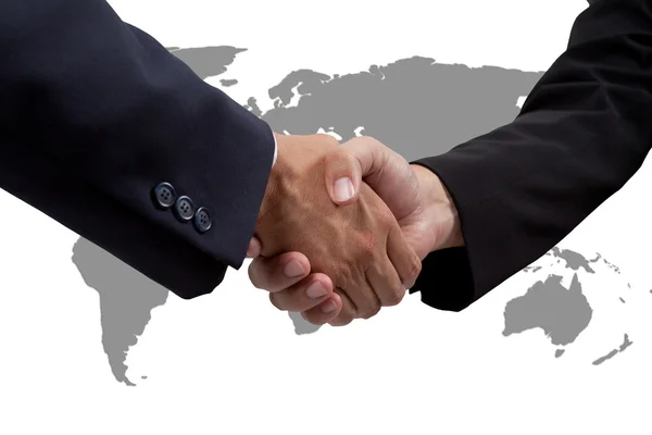 Unternehmer-Handschlag mit Weltkarte isoliert auf weißem Hintergrund — Stockfoto