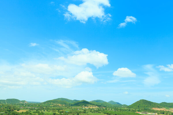Panoramic view of rural area in Thailand, mountain with blue sky