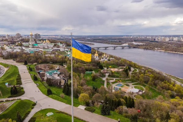 Aerial Top View Drone Ukrainian Flag Waving Wind City Kyiv — Zdjęcie stockowe