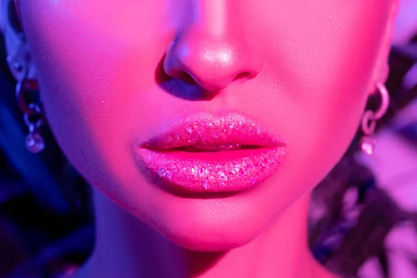 Close View Beautiful Woman Lips Colourful Bright Neon Lights — Stockfoto