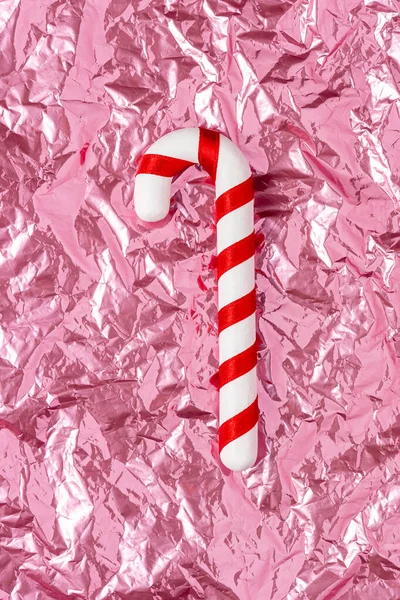 Christmas Candy Pink Crumpled Foil Background Minimal Holiday Concept — Zdjęcie stockowe