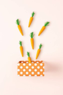 Paskalya havuçlu bir hediye kutusu. Minimum bahar tatili konsepti.