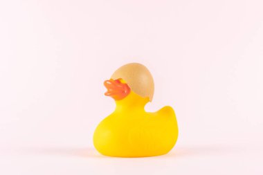 Rubber duck with cracked eggshell on pastel pink background. Easter minimal concept. Creative Happy Easter or spring layout.