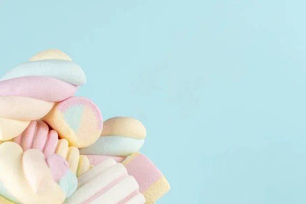 Marshmallows Colorful Chewy Candy Blue Background Sweet Holiday Food Concept — Foto de Stock