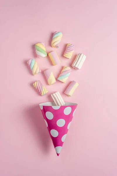 Colorful Marshmallows Party Hat Pink Background Creative Minimal Sweet Holiday — Stockfoto