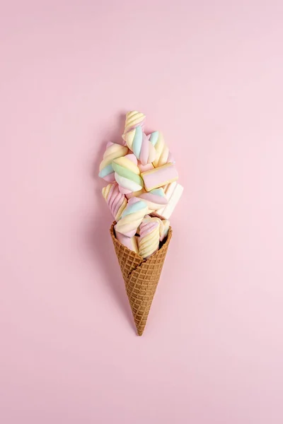 Colorful Marshmallows Icecream Cone Pink Background Creative Minimal Sweet Holiday — Stockfoto