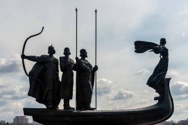 Kiev, Ukraine - April 27, 2021: Monument to the founders of Kyiv (Kiev). Statue of Kyi, Shchek, Horyv and Lybid. 